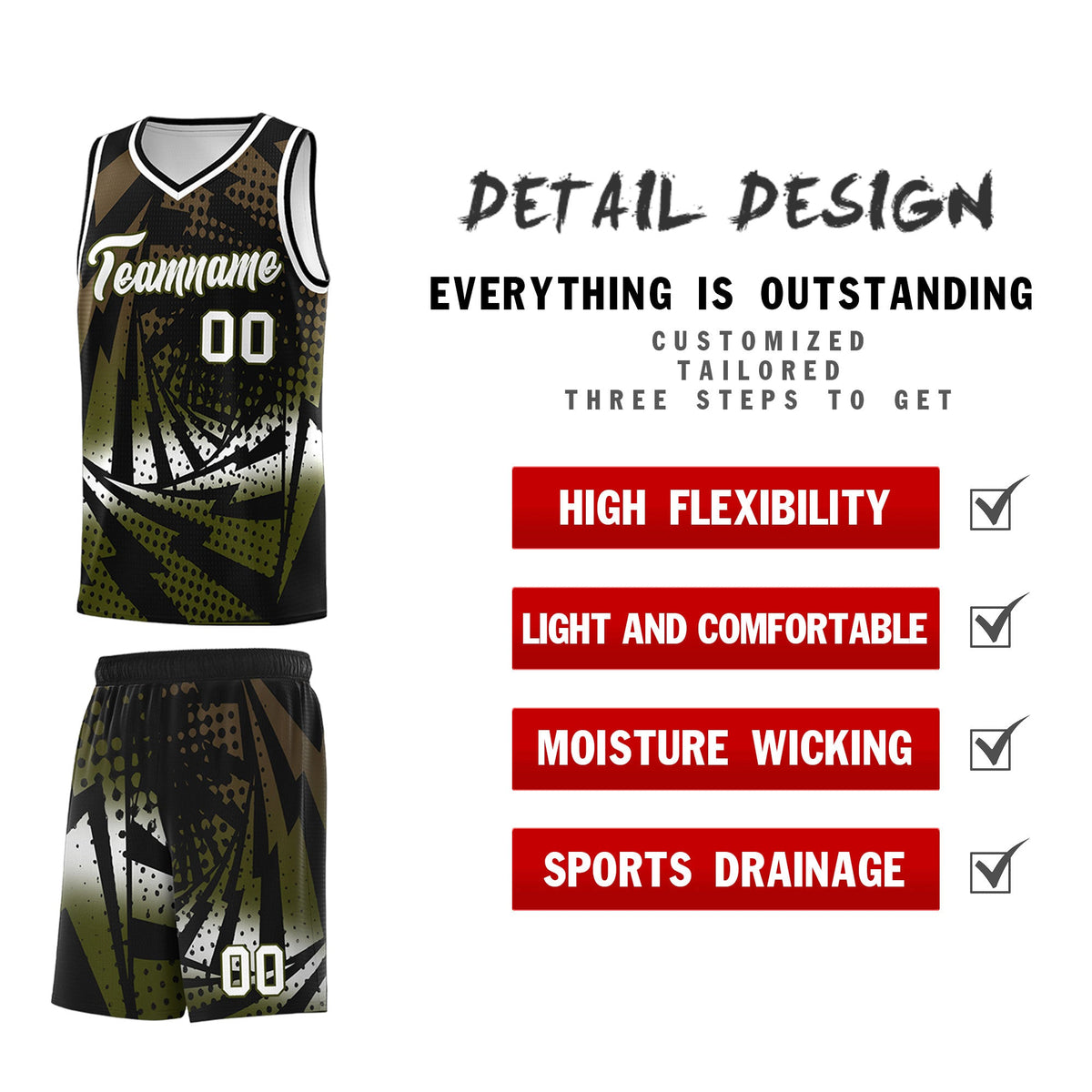 Custom Youth Basketball Jerseys Black Olive Lightning Design Halftone Personalized Uniforms