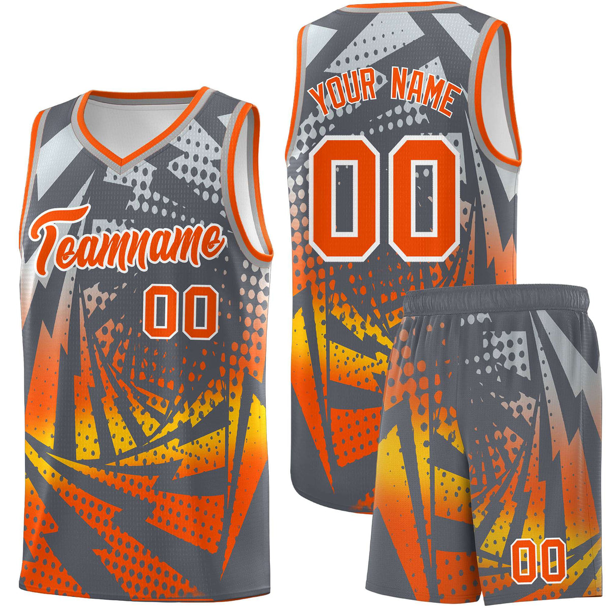 Custom Youth Basketball Jerseys Dark Gray Orange Lightning Design Halftone Personalized Uniforms