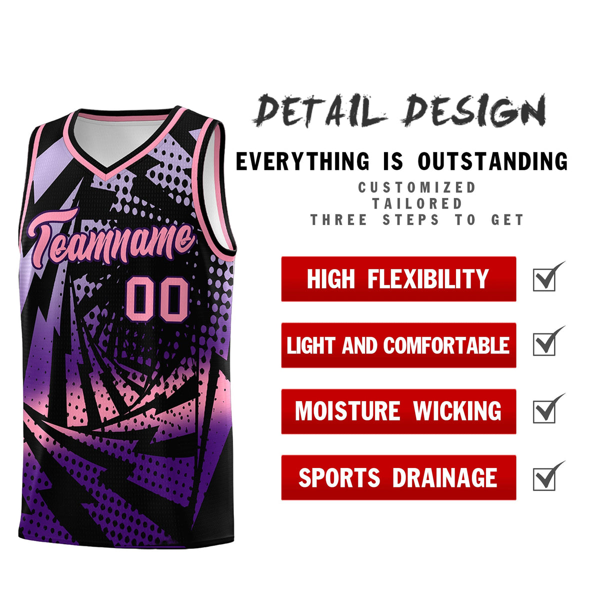Custom Youth Basketball Jerseys Black Purple Lightning Halftone Personalized Team Uniforms