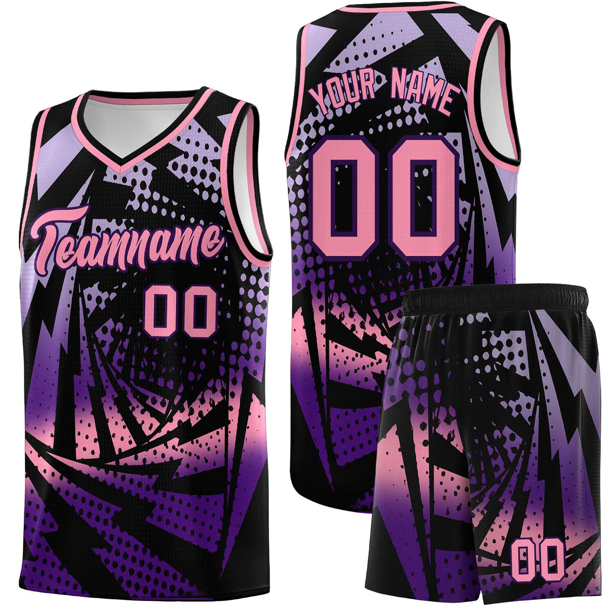 Custom Youth Basketball Jerseys Black Purple Lightning Halftone Personalized Team Uniforms