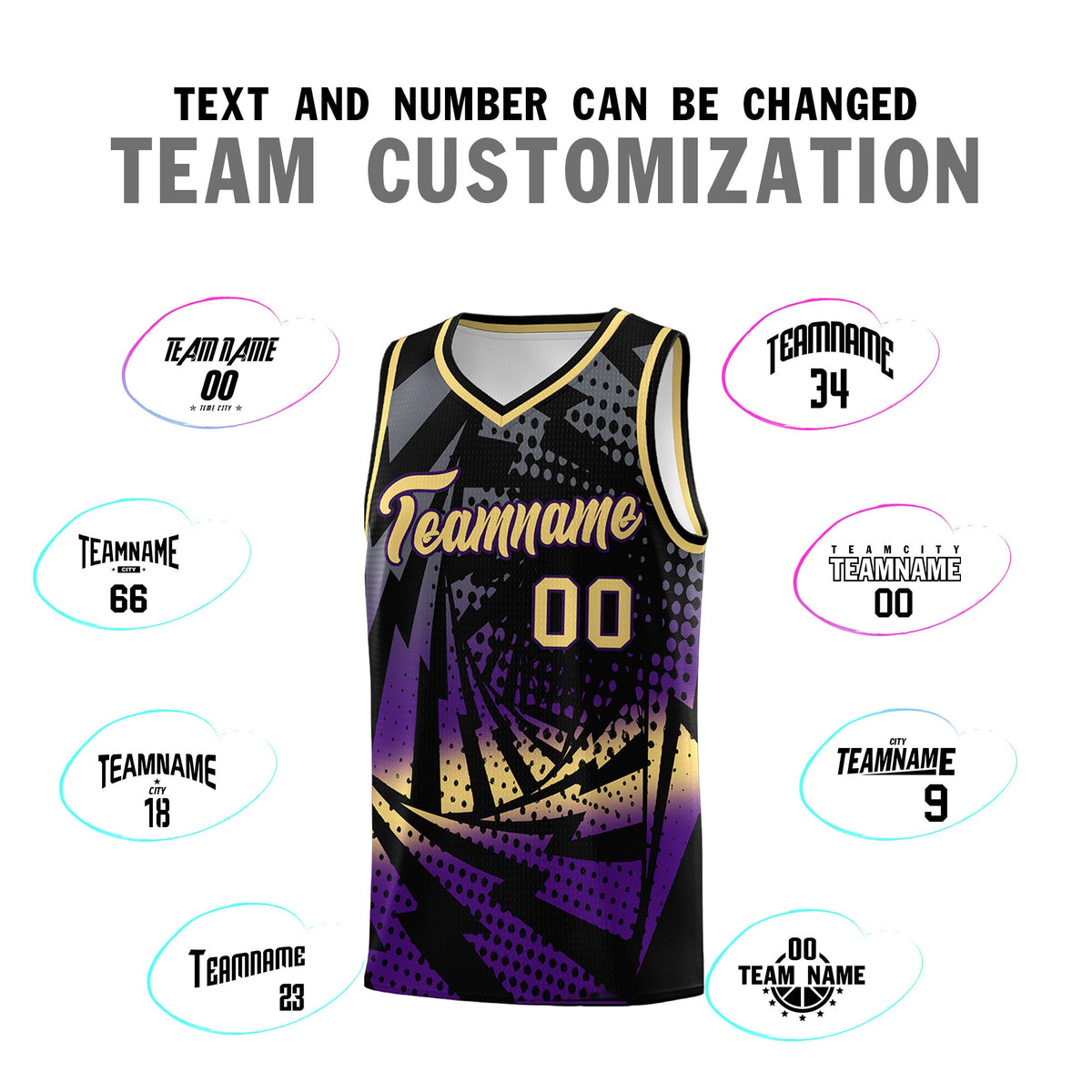 Custom Youth Basketball Jerseys Black Purple Lightning Design Halftone Personalized Uniforms