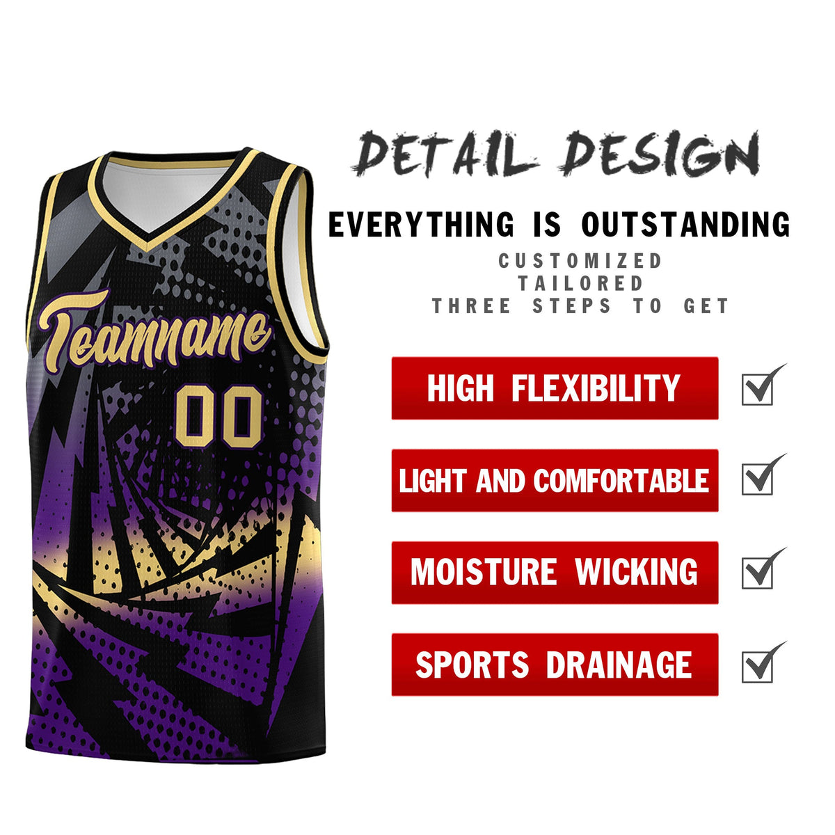 Custom Youth Basketball Jerseys Black Purple Lightning Design Halftone Personalized Uniforms