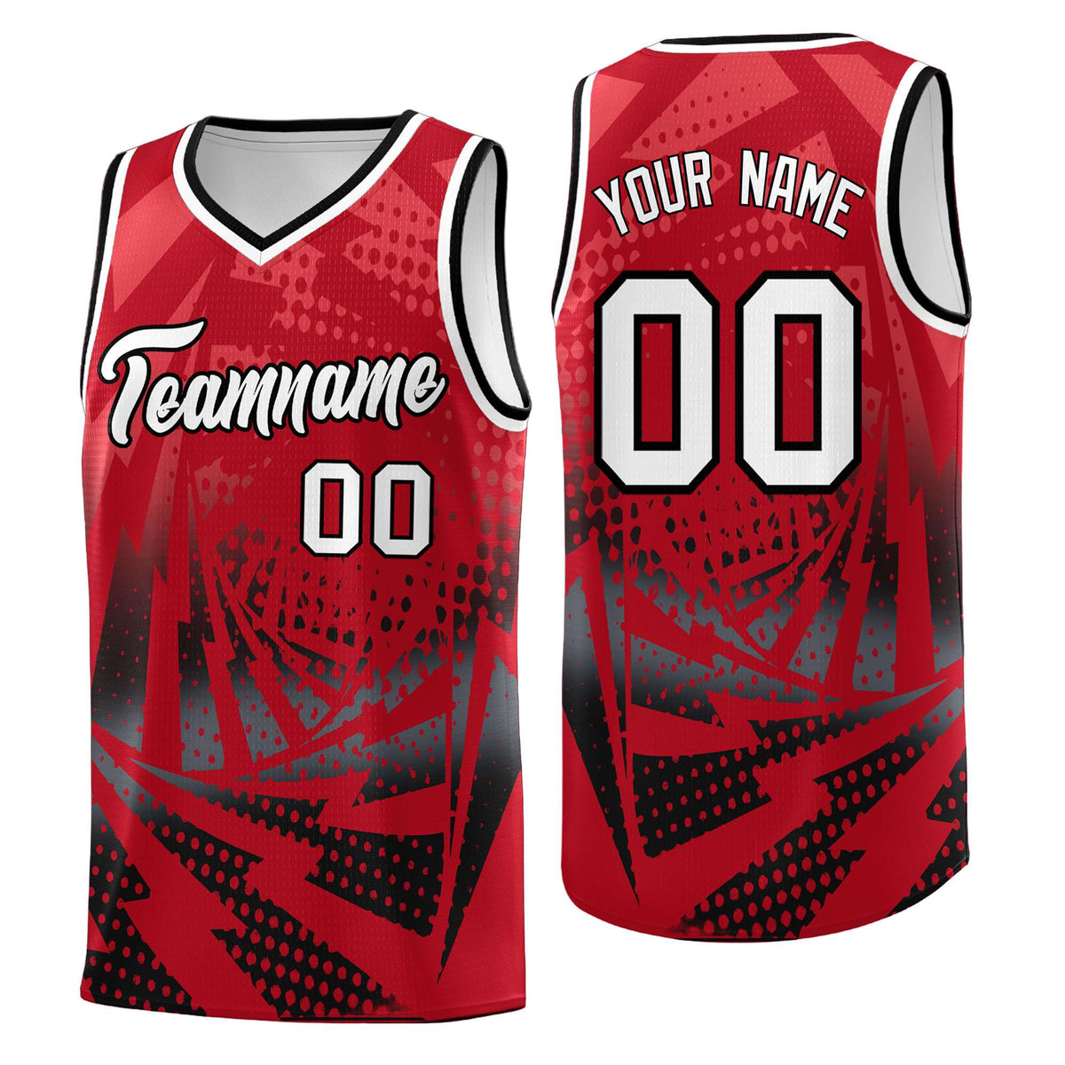 Custom Youth Basketball Jerseys Red Black Lightning Halftone Personalized Team Uniforms