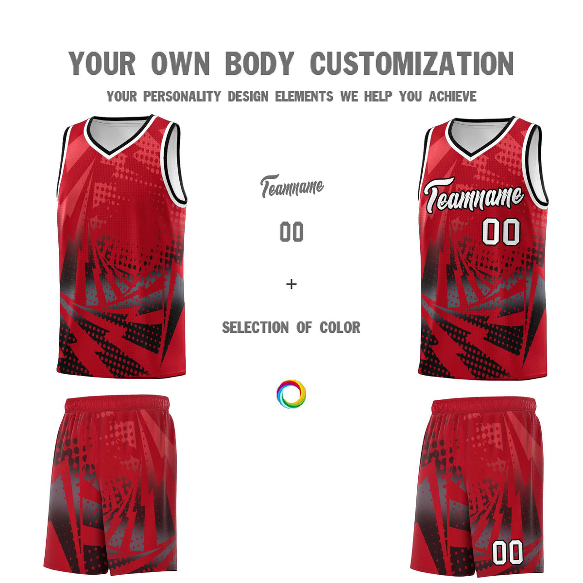 Custom Youth Basketball Jerseys Red Black Lightning Halftone Personalized Team Uniforms