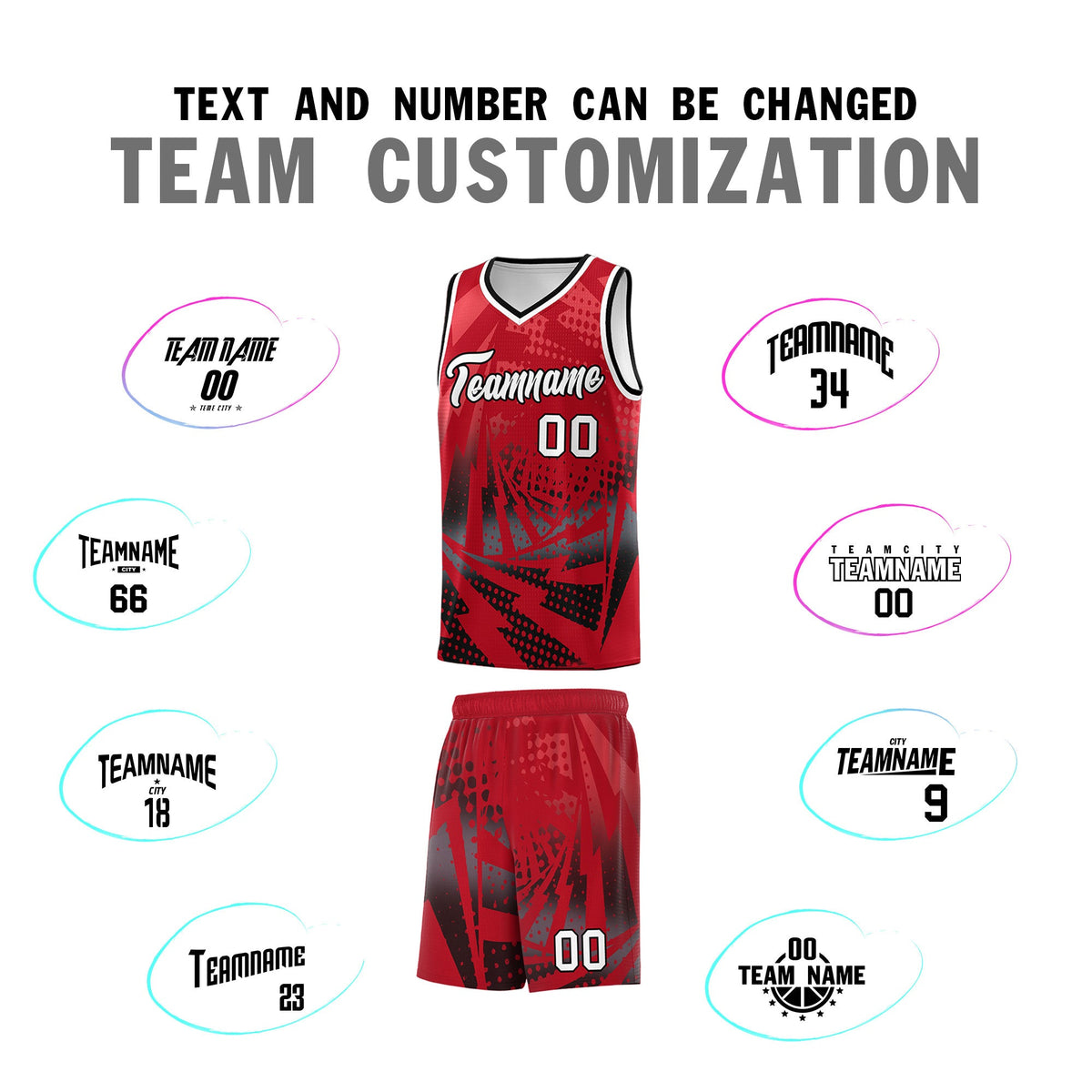 Custom Youth Basketball Jerseys Red Black Lightning Halftone Personalized Team Uniforms