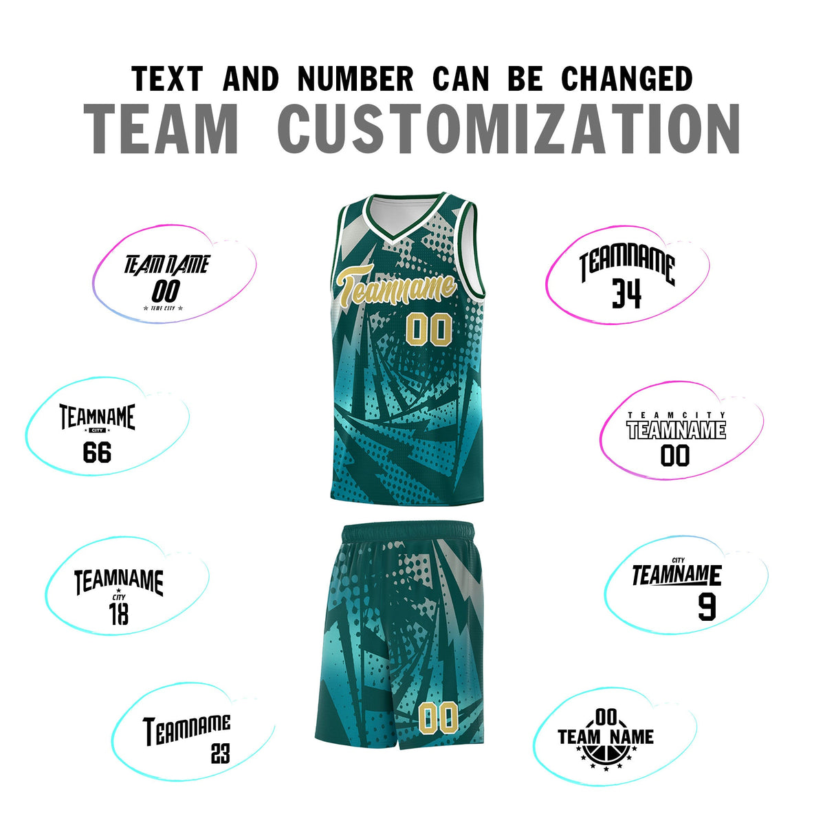 Custom Youth Basketball Jerseys Midnight Green Teal Lightning Halftone Personalized Team Uniforms