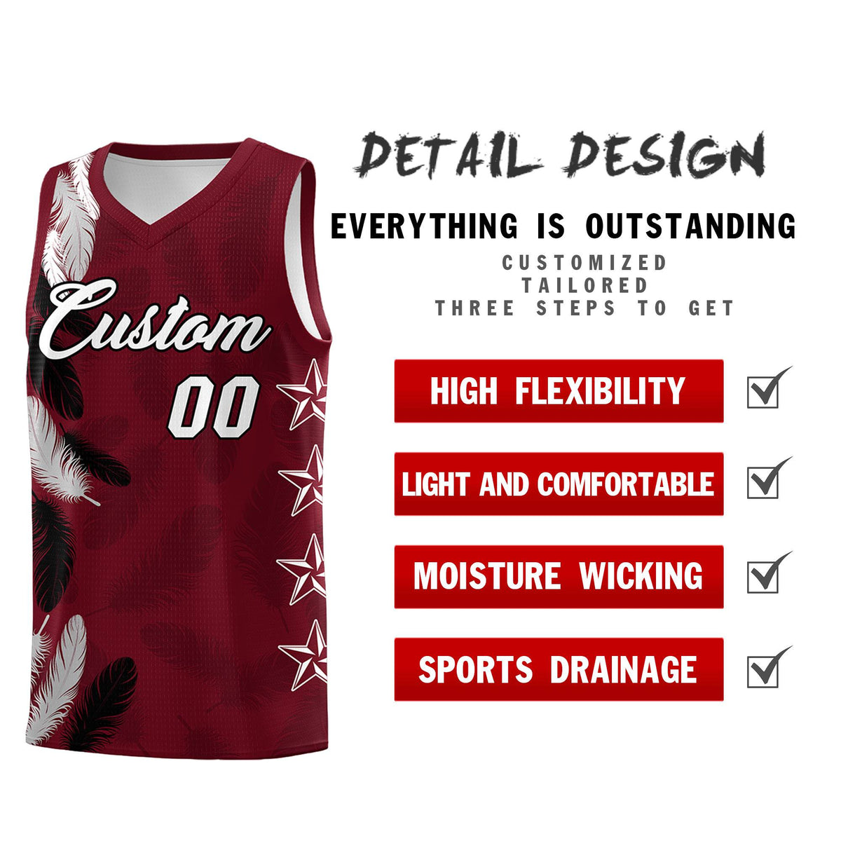 Custom Youth Basketball Jersey Maroon White Feather Series Sports Uniform