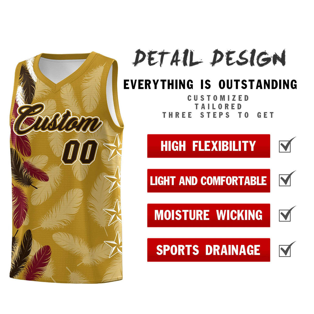 Custom Youth Basketball Jersey Old Gold Brown Feather Series Sports Uniform