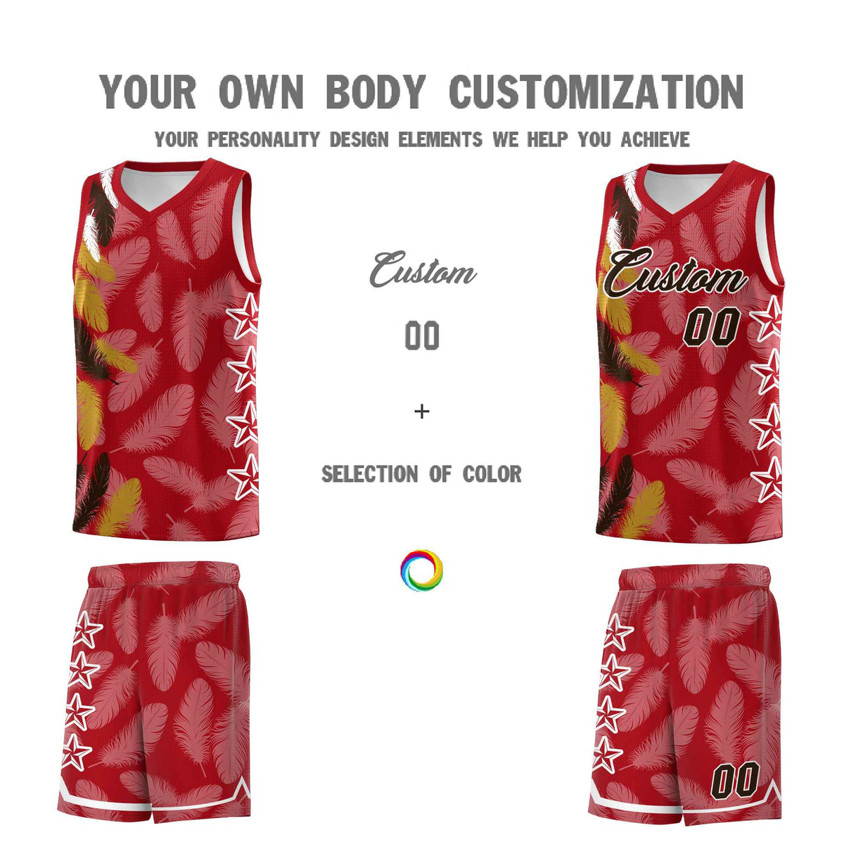 Custom Youth Basketball Jersey Red Brown Feather Series Sports Uniform