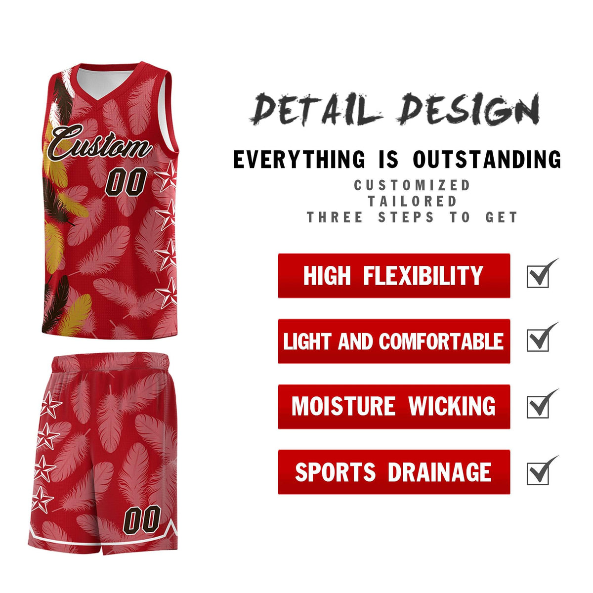 Custom Youth Basketball Jersey Red Brown Feather Series Sports Uniform