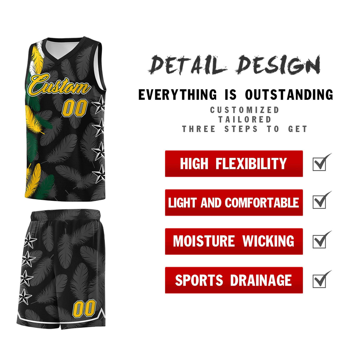 Custom Youth Basketball Jersey Black Gold Feather Series Sports Uniform