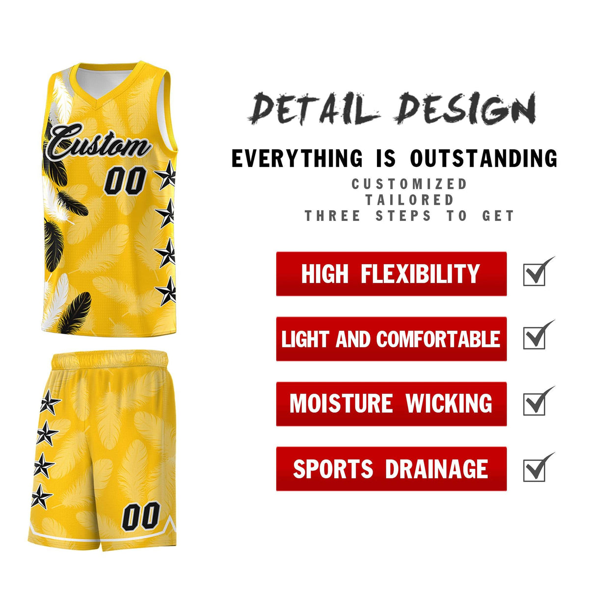Custom Youth Basketball Jersey Gold Black Feather Series Sports Uniform