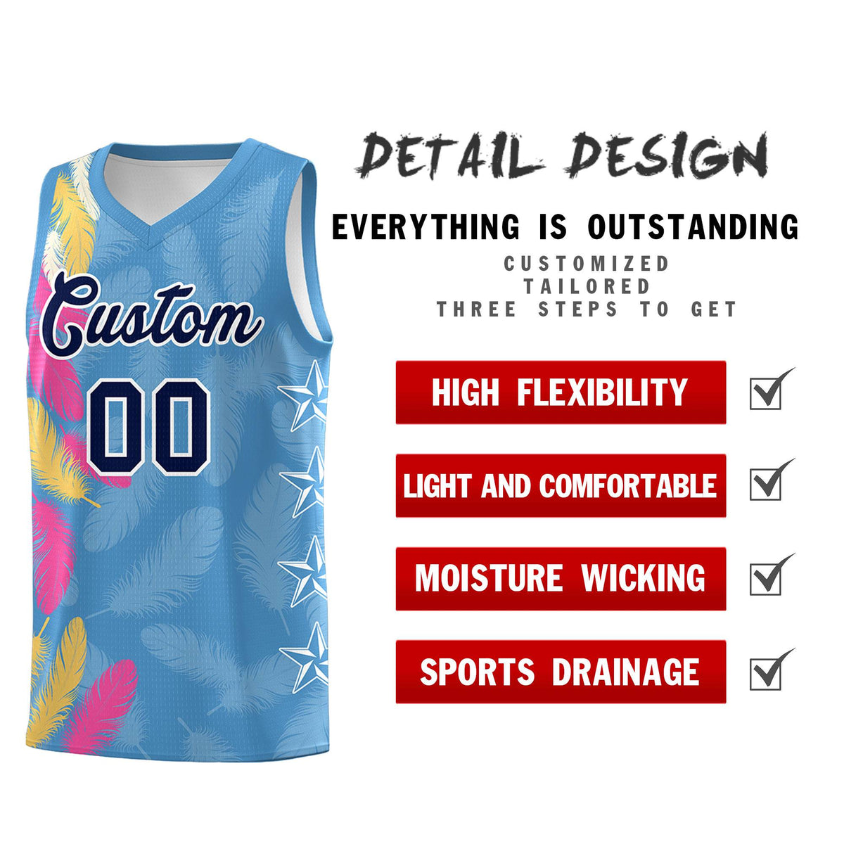 Custom Youth Basketball Jersey Light Blue Navy Feather Series Sports Uniform