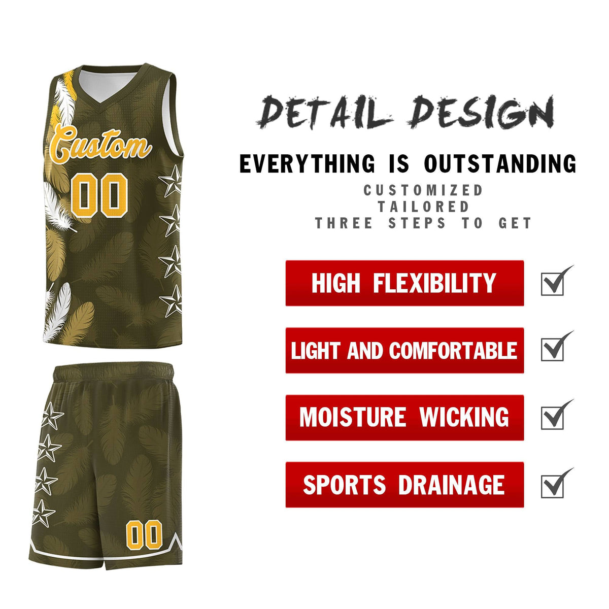 Custom Youth Basketball Jersey Olive Gold Feather Series Sports Uniform