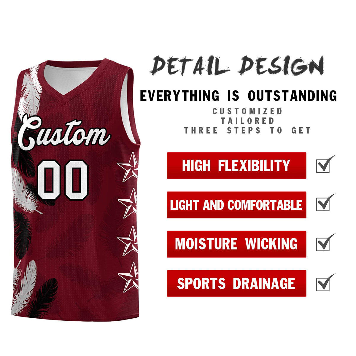 Custom Youth Basketball Jersey Maroon White Feather Series Sports Uniform