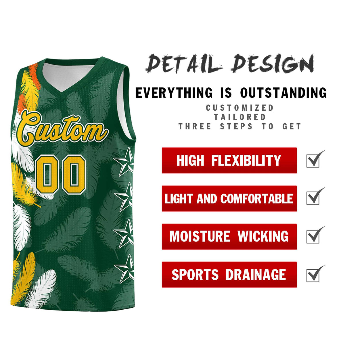 Custom Youth Basketball Jersey Green Gold Feather Series Sports Uniform