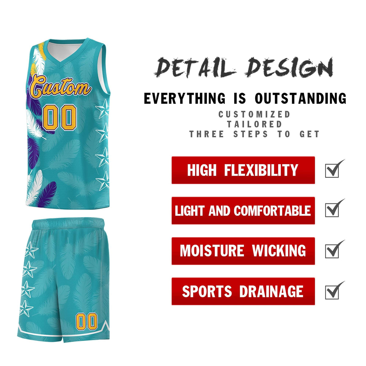 Custom Youth Basketball Jersey Aqua Gold Feather Series Sports Uniform