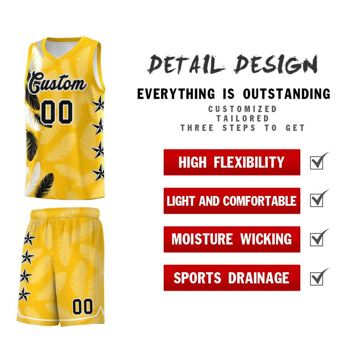 Custom Youth Basketball Jersey Gold Black Feather Series Sports Uniform