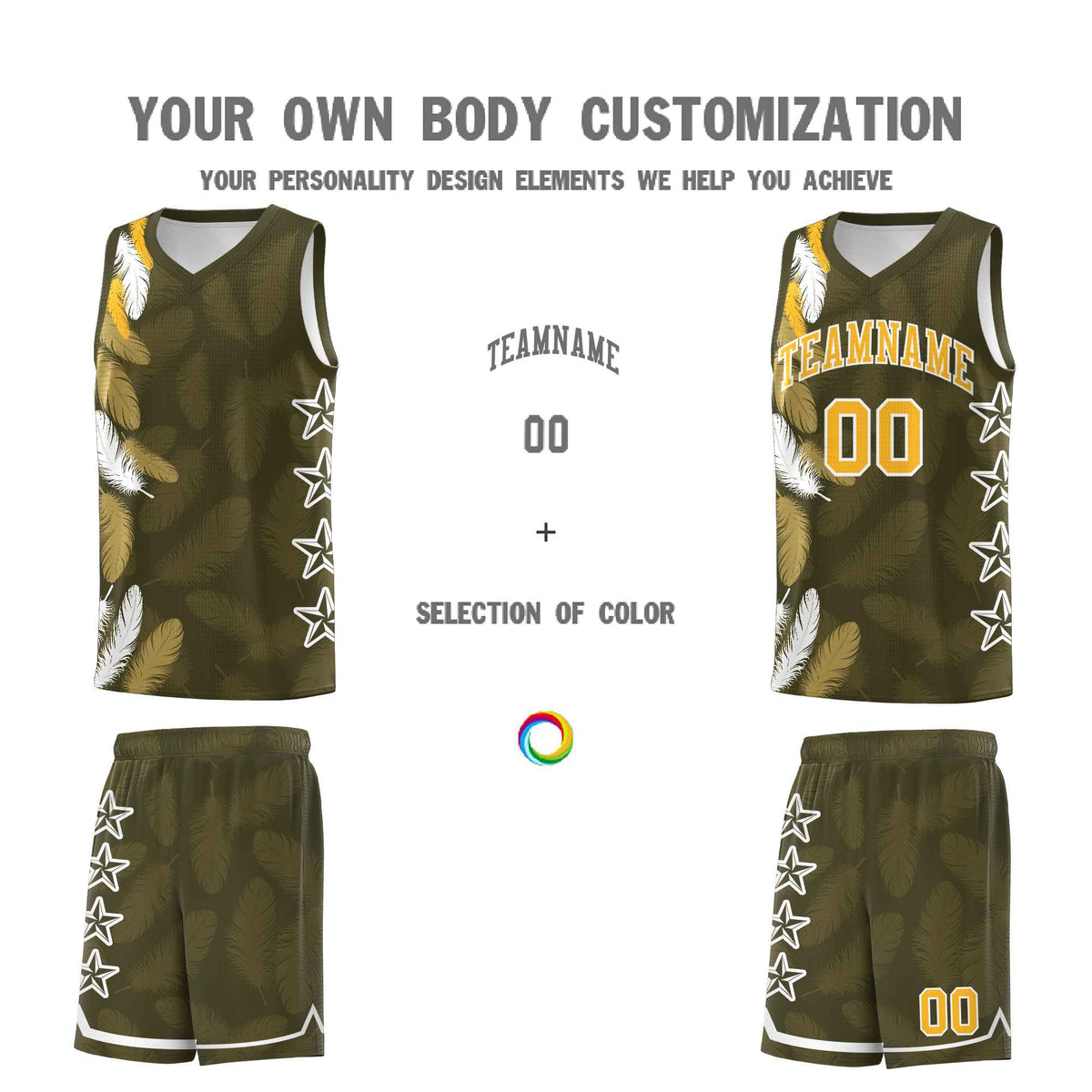 Custom Youth Basketball Jersey Olive Gold Feather Series Sports Uniform