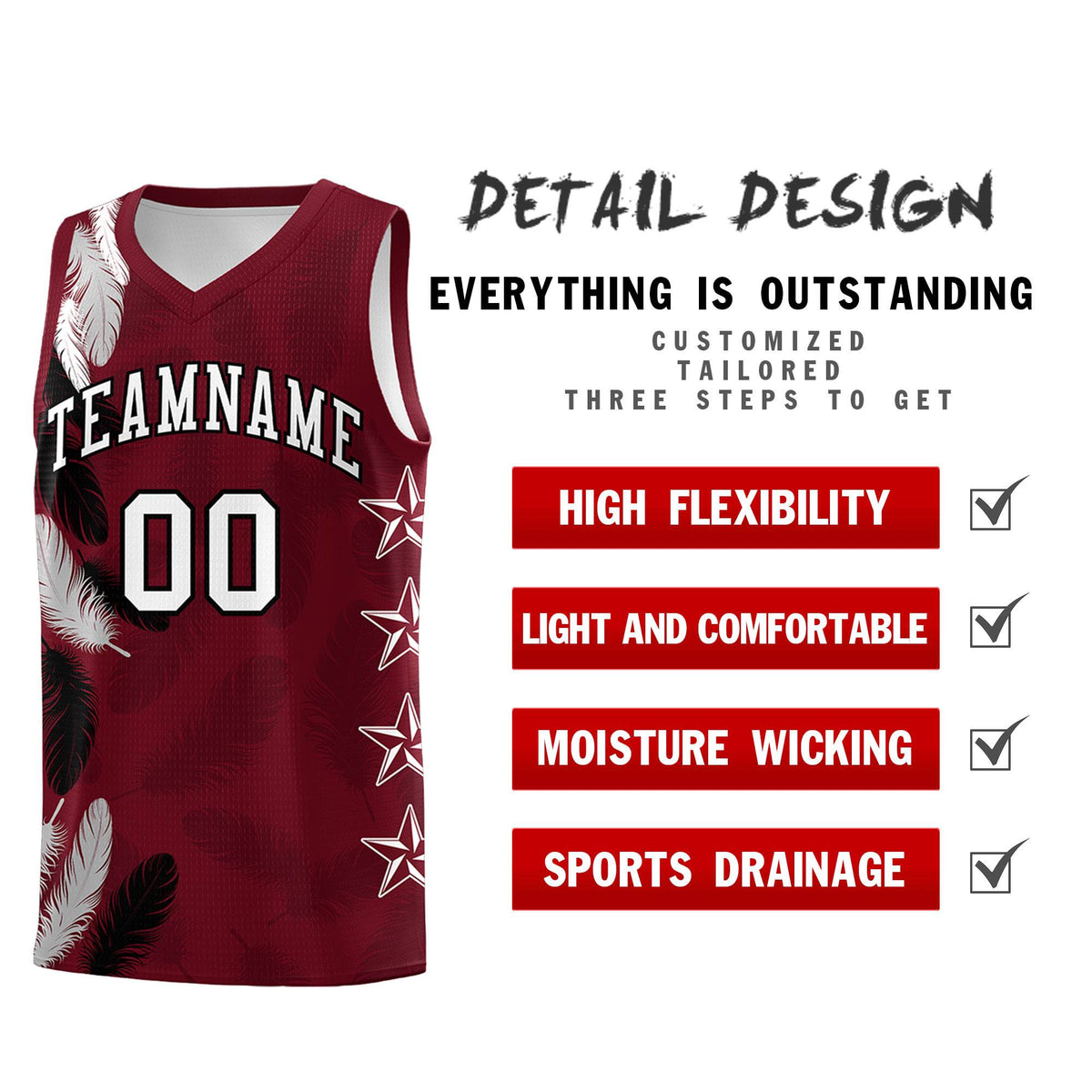 Custom Youth Basketball Jersey Maroon White Feather Series Sports Uniform