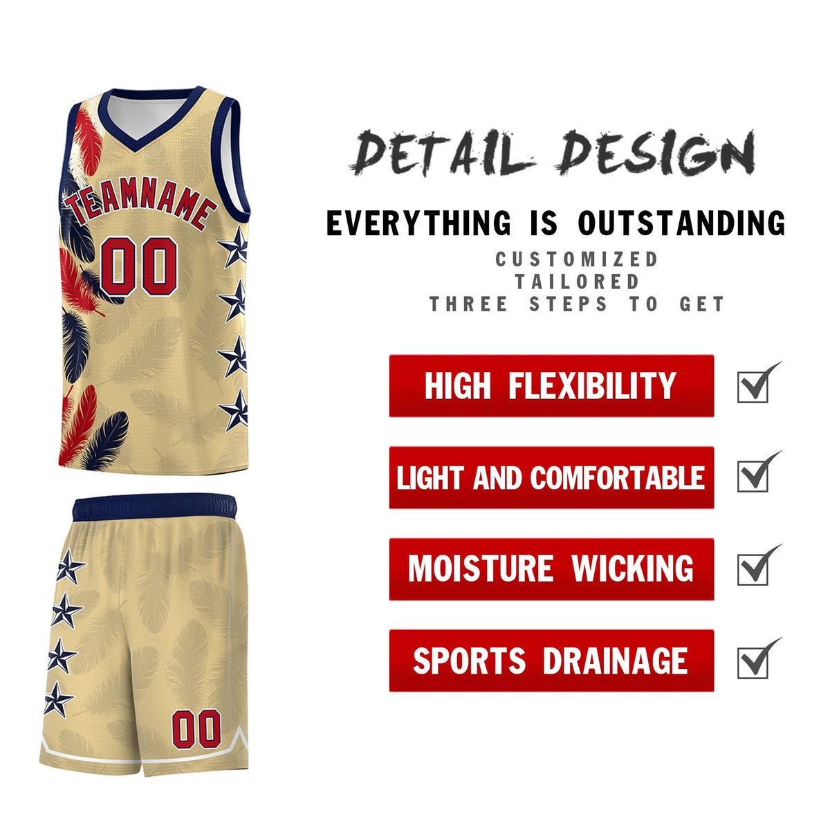 Custom Youth Basketball Jersey Khaki Red Feather Series Sports Uniform