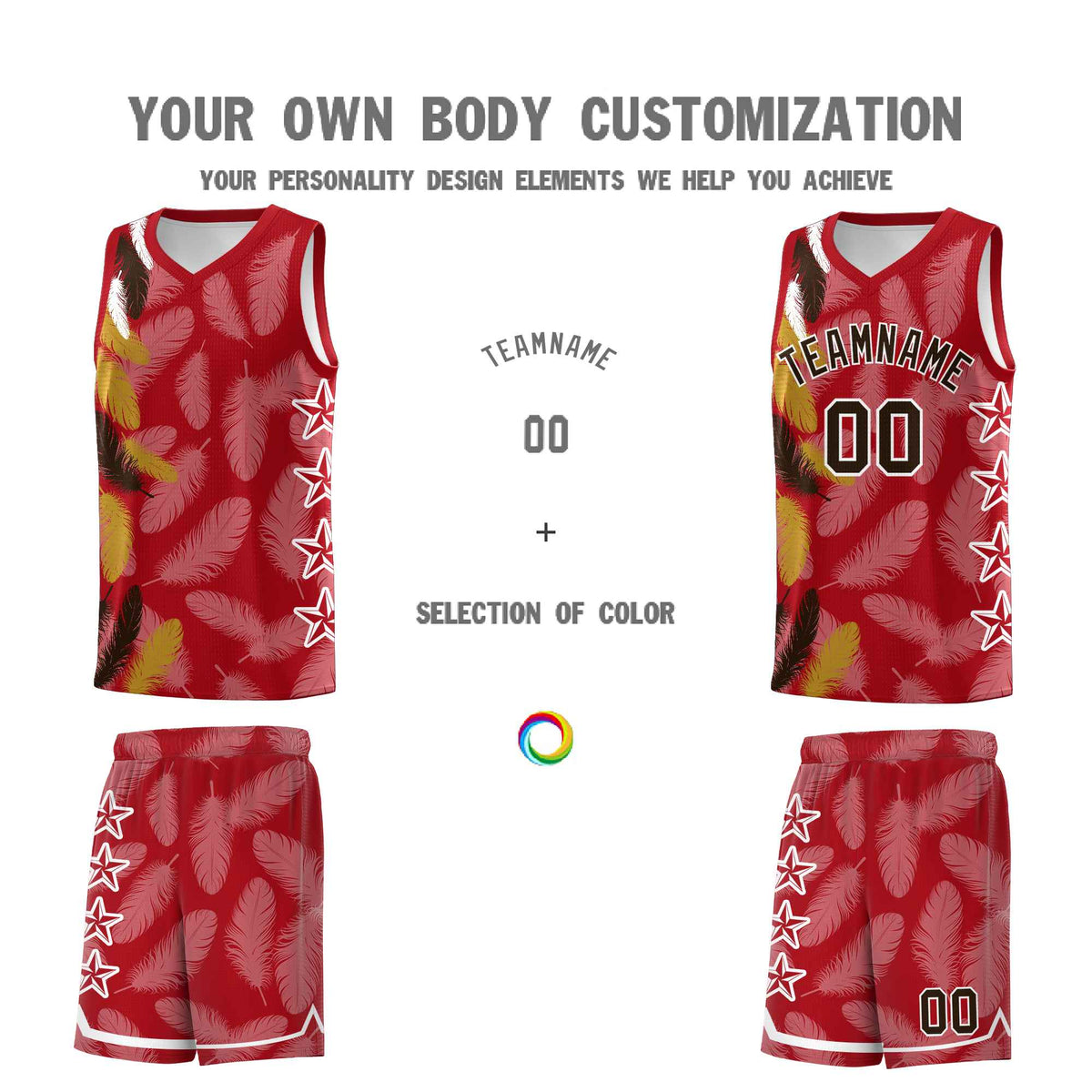 Custom Youth Basketball Jersey Red Brown Feather Series Sports Uniform