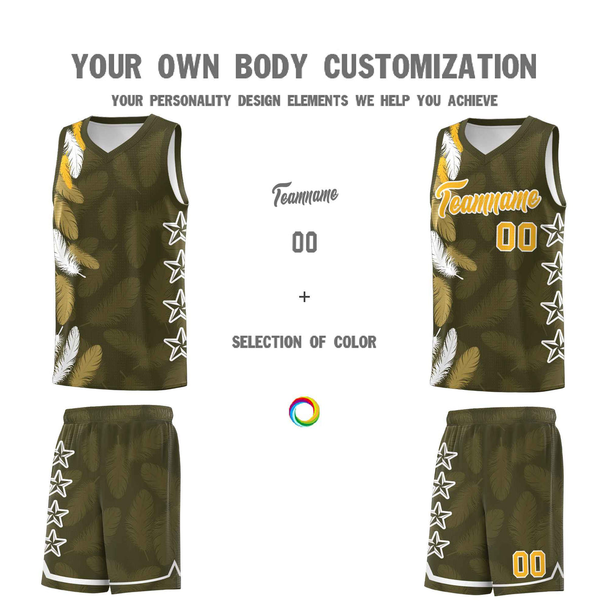 Custom Youth Basketball Jersey Olive Gold Feather Series Sports Uniform