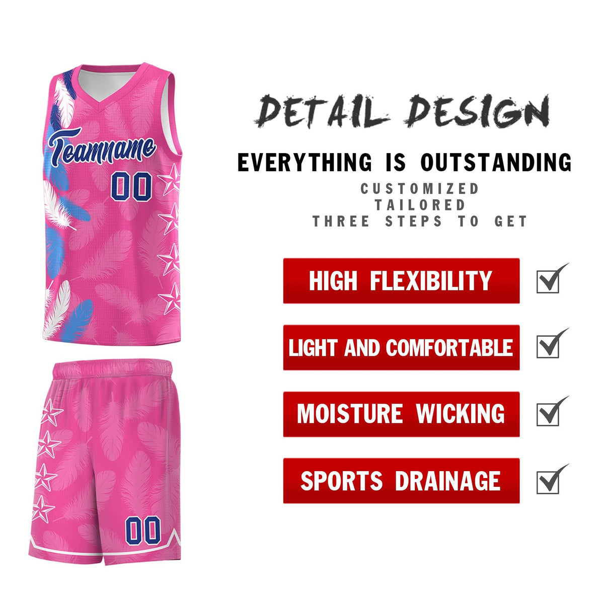 Custom Youth Basketball Jersey Pink Royal Feather Series Sports Uniform