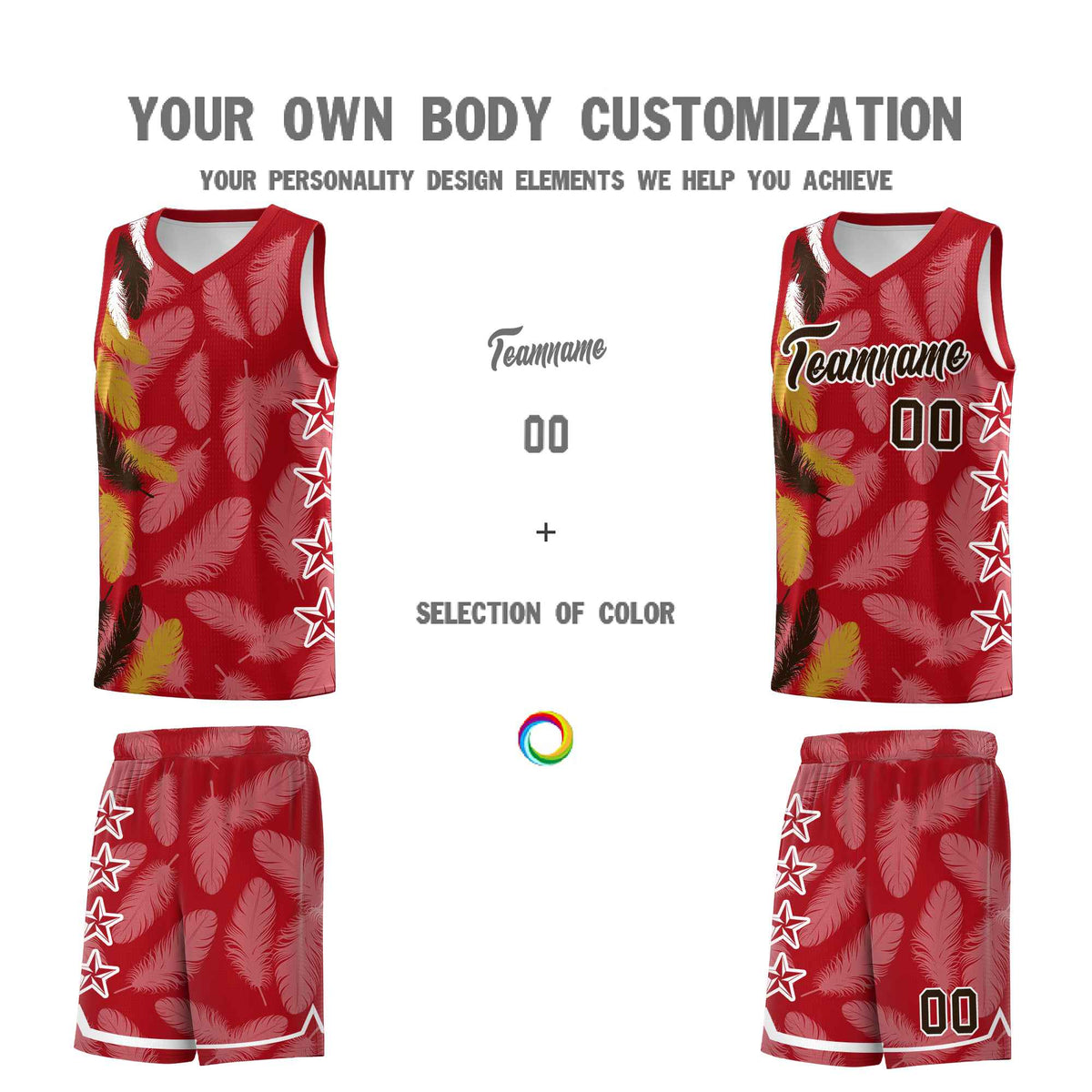 Custom Youth Basketball Jersey Red Brown Feather Series Sports Uniform