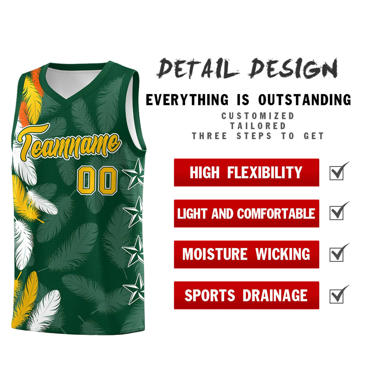 Custom Youth Basketball Jersey Green Gold Feather Series Sports Uniform