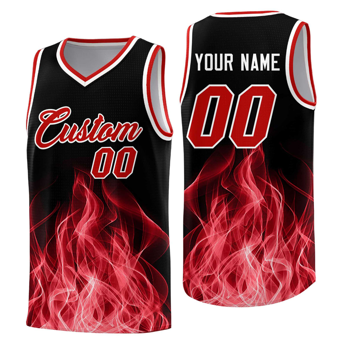 Custom Youth Basketball Jersey Black Red Flame Fire Design Personalized Team Uniform Set