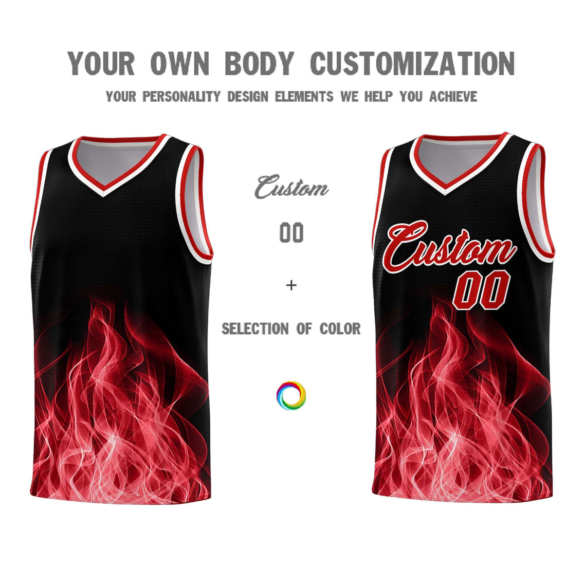 Custom Youth Basketball Jersey Black Red Flame Fire Design Personalized Team Uniform Set
