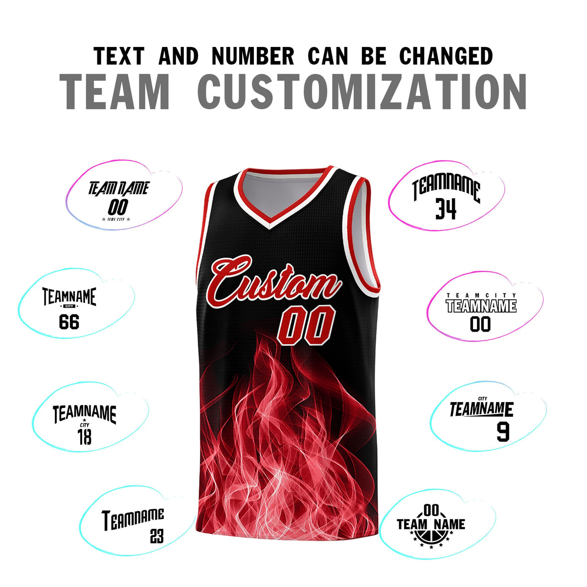 Custom Youth Basketball Jersey Black Red Flame Fire Design Personalized Team Uniform Set