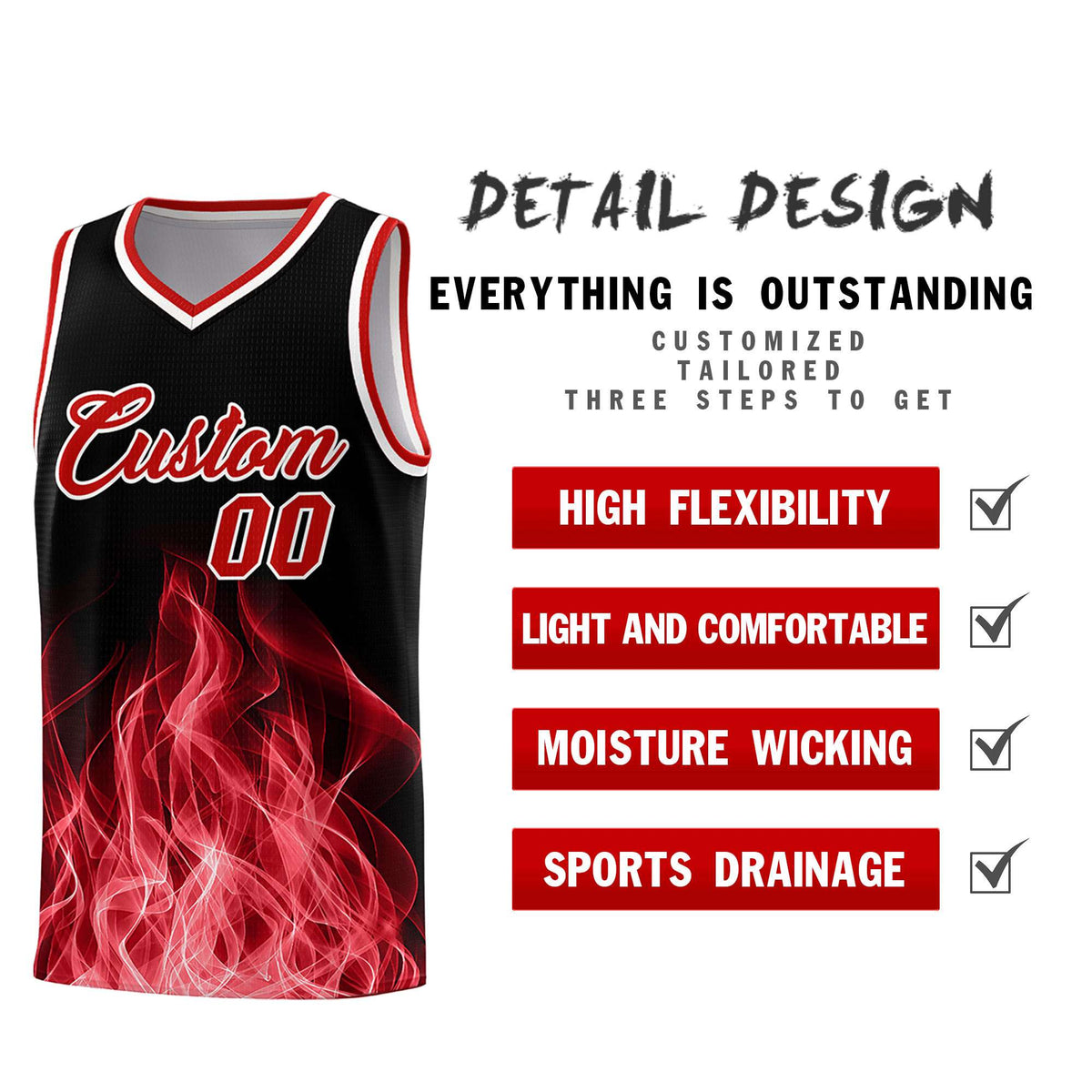 Custom Youth Basketball Jersey Black Red Flame Fire Design Personalized Team Uniform Set