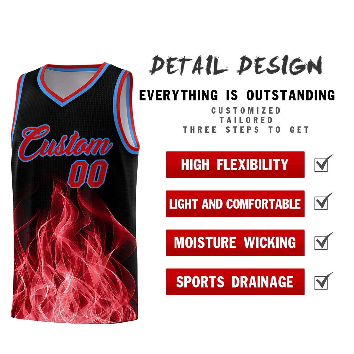 Custom Youth Basketball Jersey Black Red Flame Design Unique Team Uniform Set