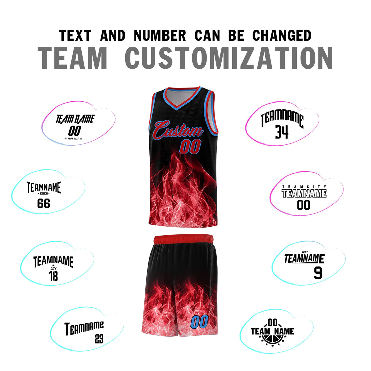 Custom Youth Basketball Jersey Black Red Flame Design Unique Team Uniform Set