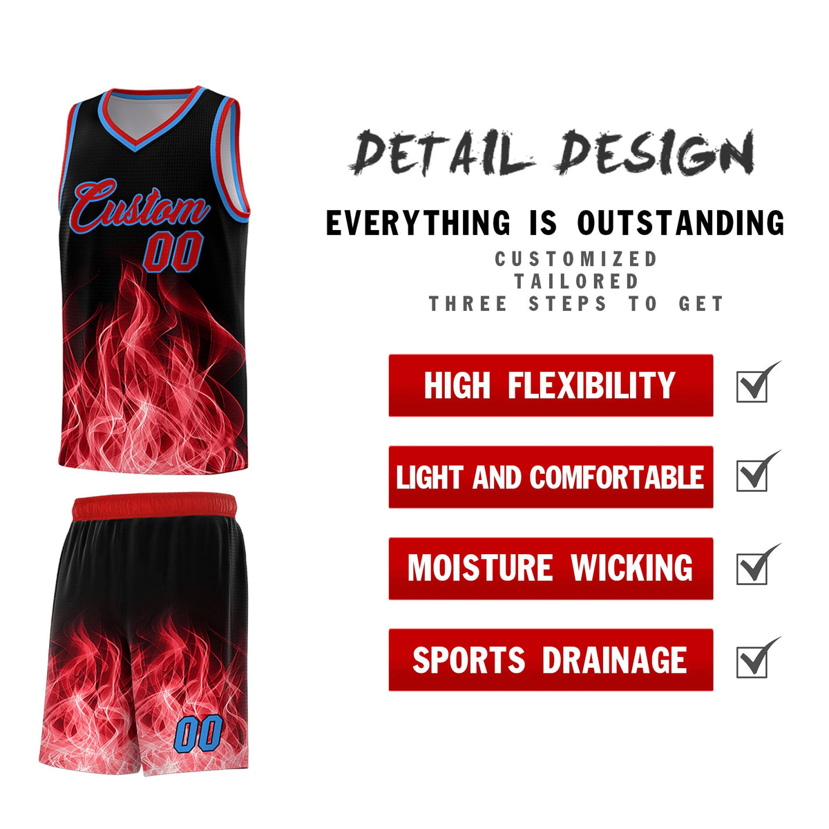 Custom Youth Basketball Jersey Black Red Flame Design Unique Team Uniform Set