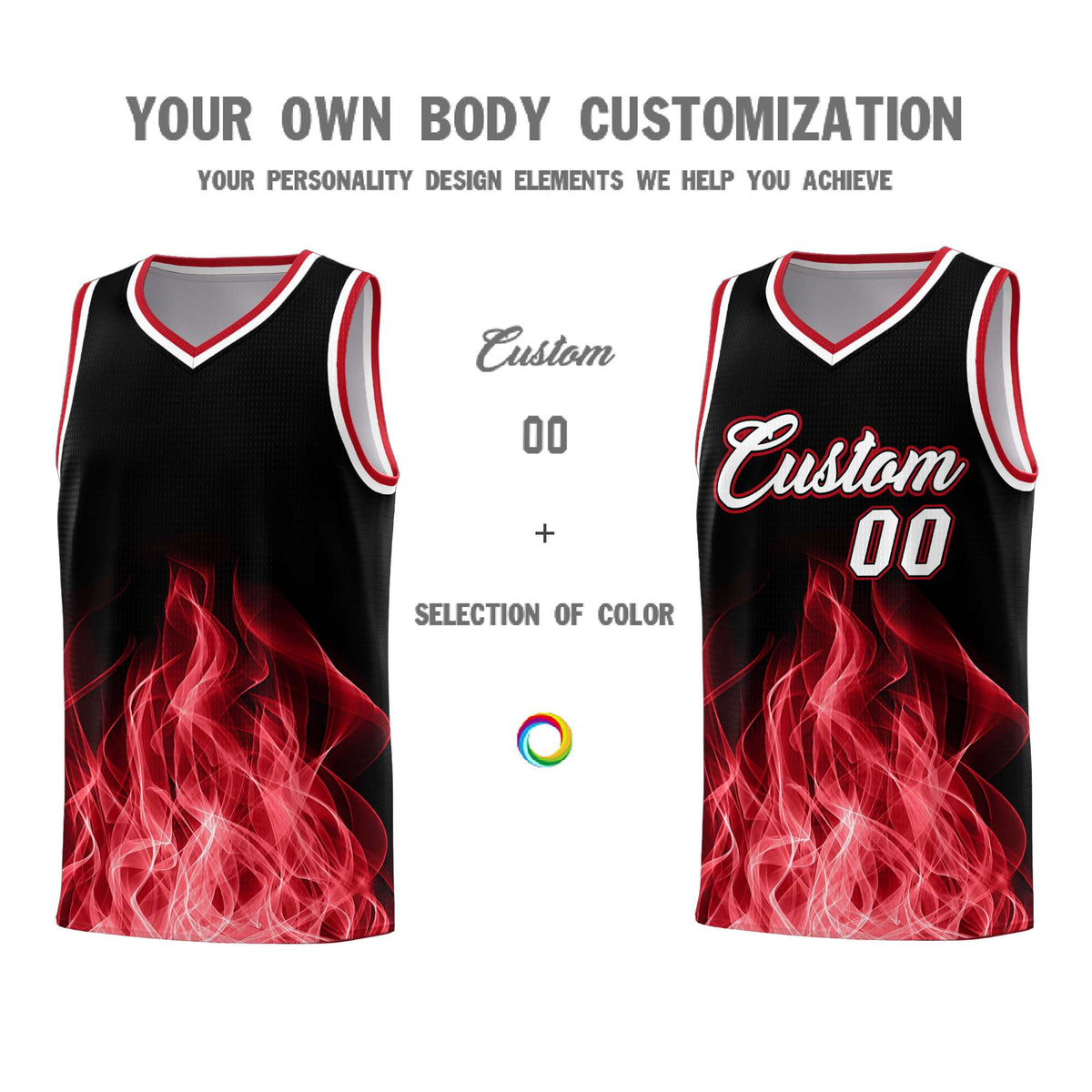 Custom Youth Basketball Jersey Black Red Flame Design Personalized Team Uniform Set
