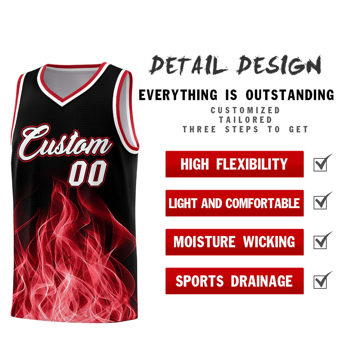 Custom Youth Basketball Jersey Black Red Flame Design Personalized Team Uniform Set