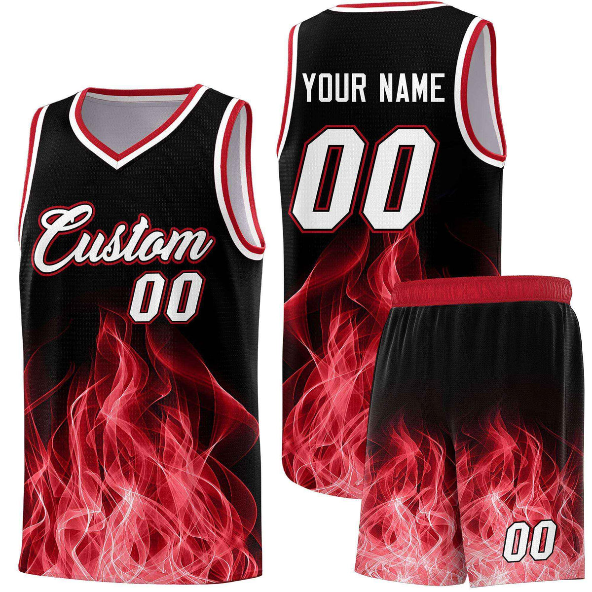 Custom Youth Basketball Jersey Black Red Flame Design Personalized Team Uniform Set