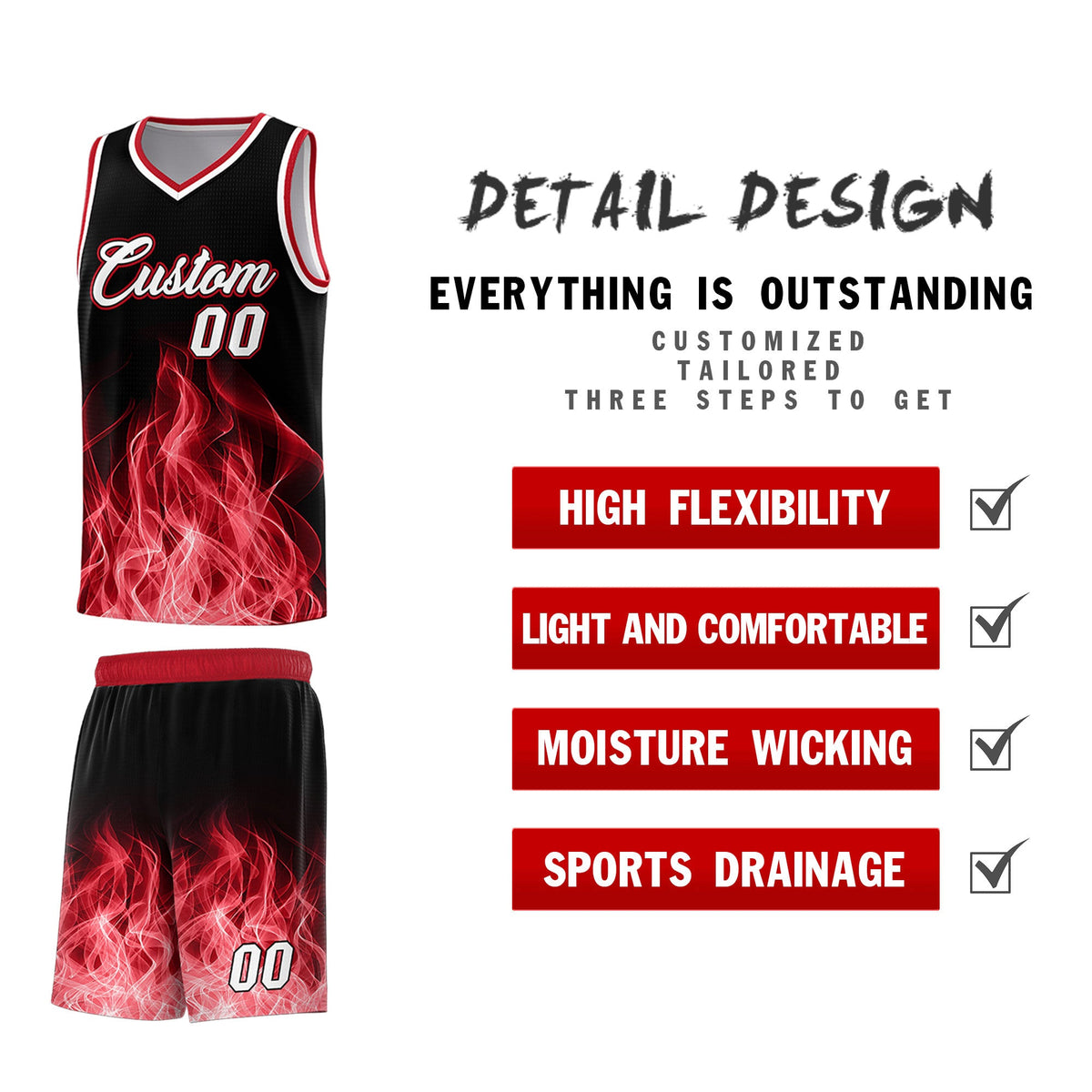 Custom Youth Basketball Jersey Black Red Flame Design Personalized Team Uniform Set
