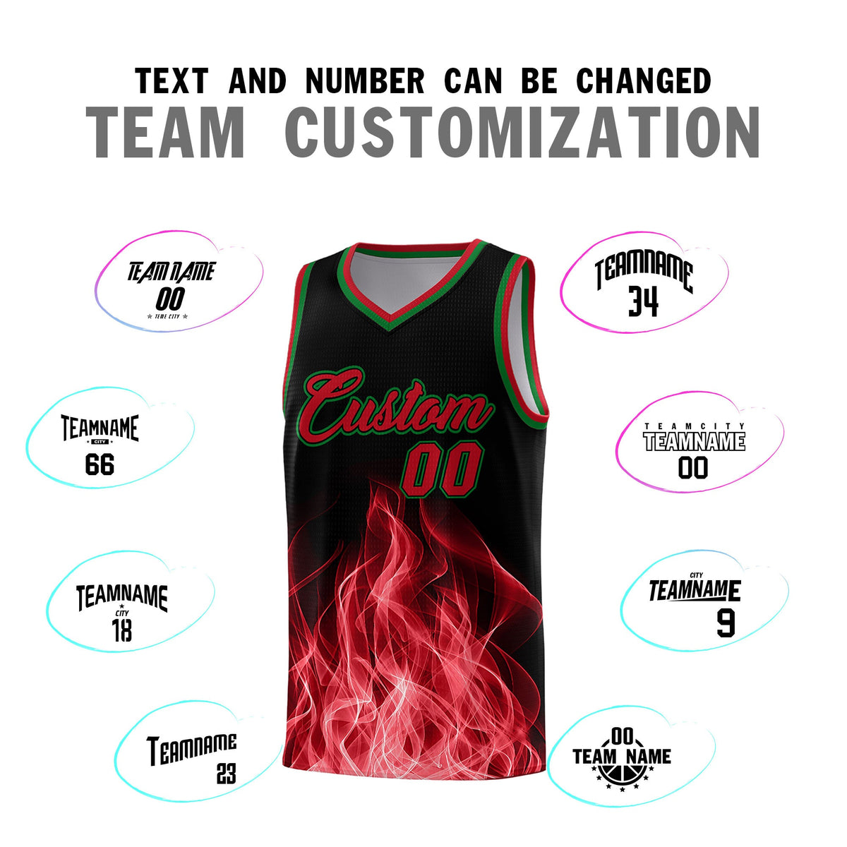 Custom Youth Basketball Jersey Black Red Flame Fire Design Personalized Team Uniform Set