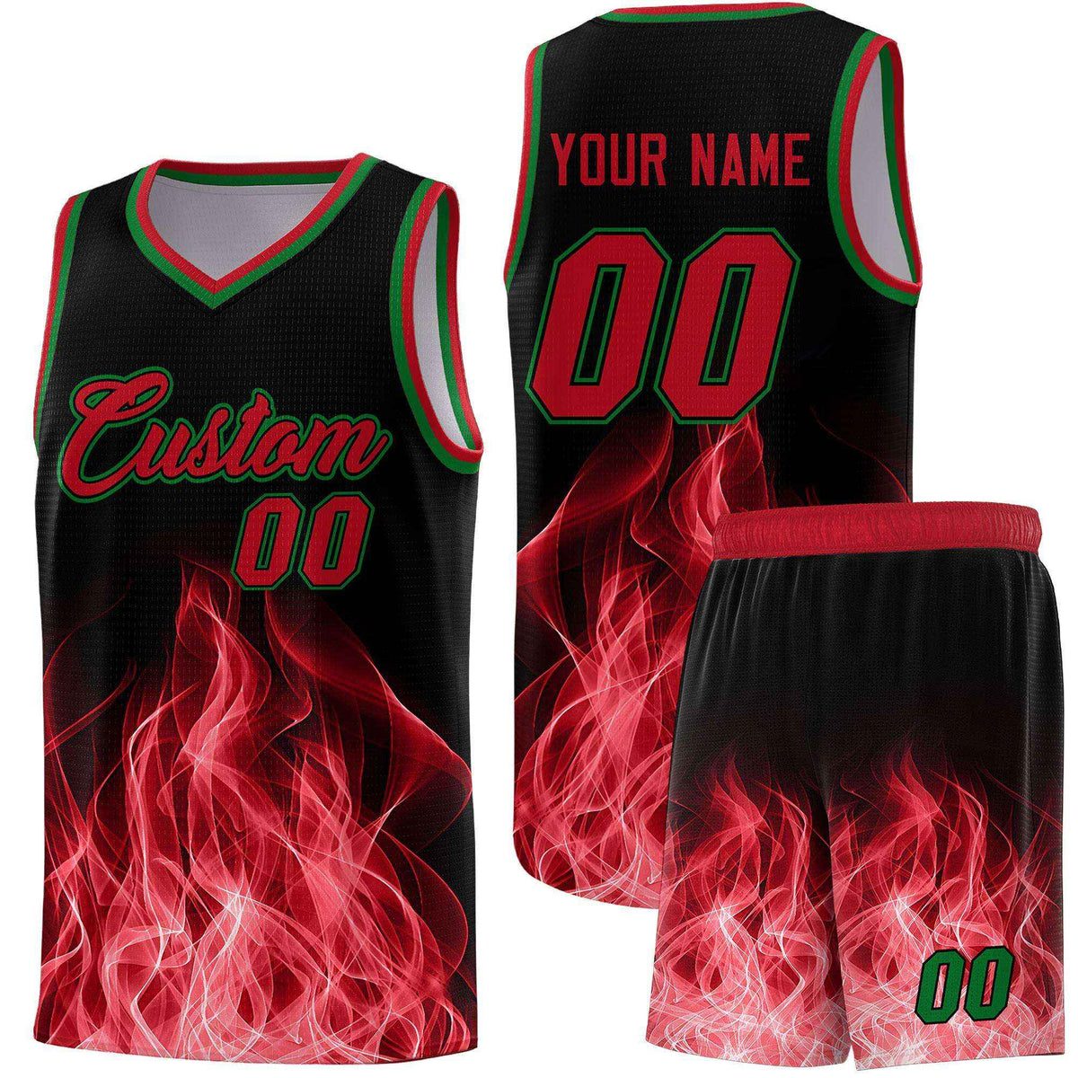 Custom Youth Basketball Jersey Black Red Flame Fire Design Personalized Team Uniform Set
