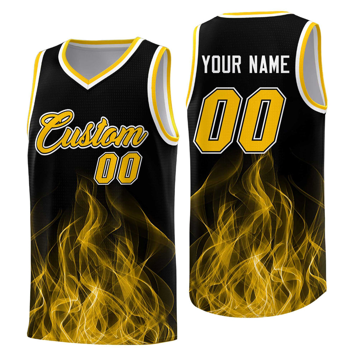 Custom Youth Basketball Jersey Black Yellow Flame Fire Design Personalized Team Uniform Set