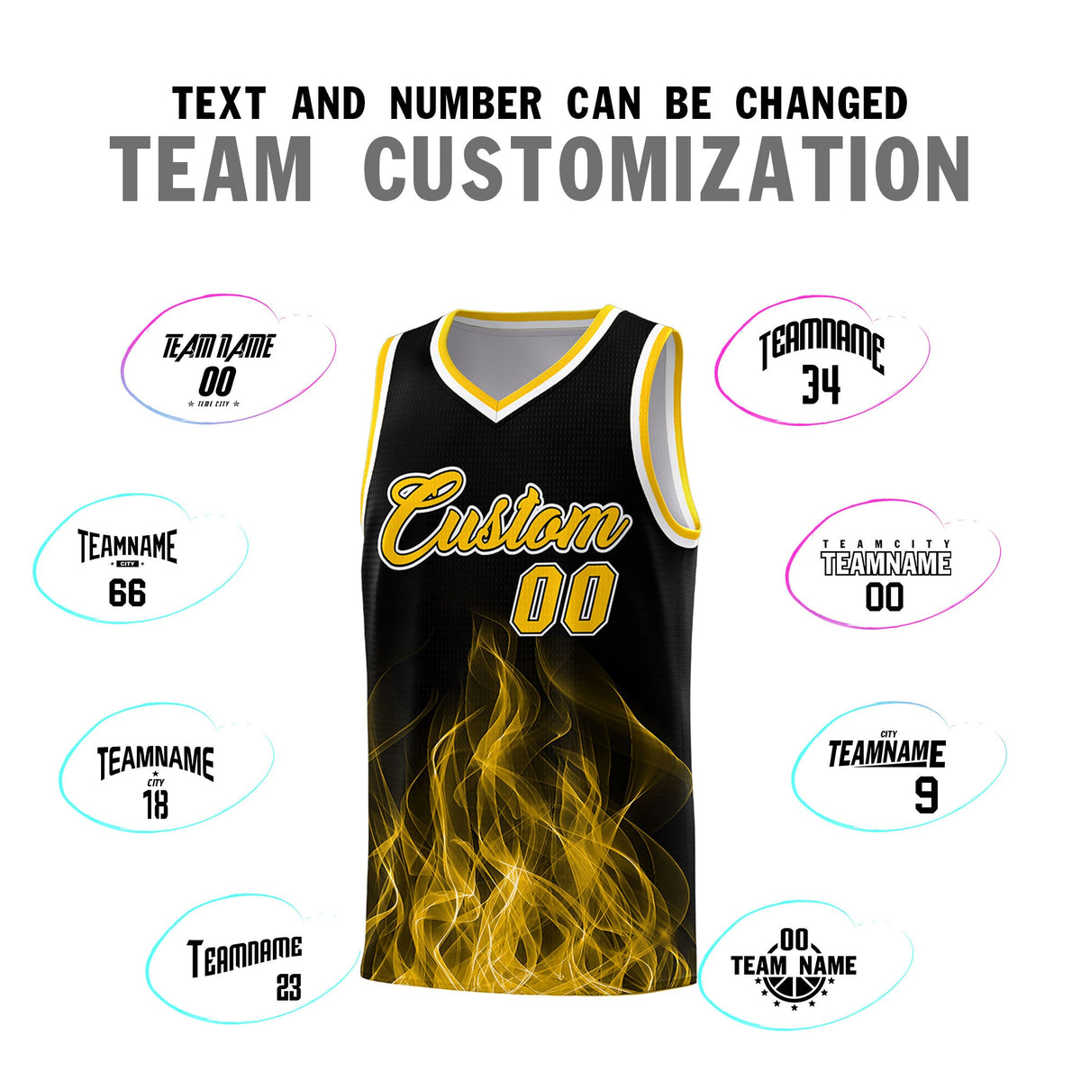 Custom Youth Basketball Jersey Black Yellow Flame Fire Design Personalized Team Uniform Set