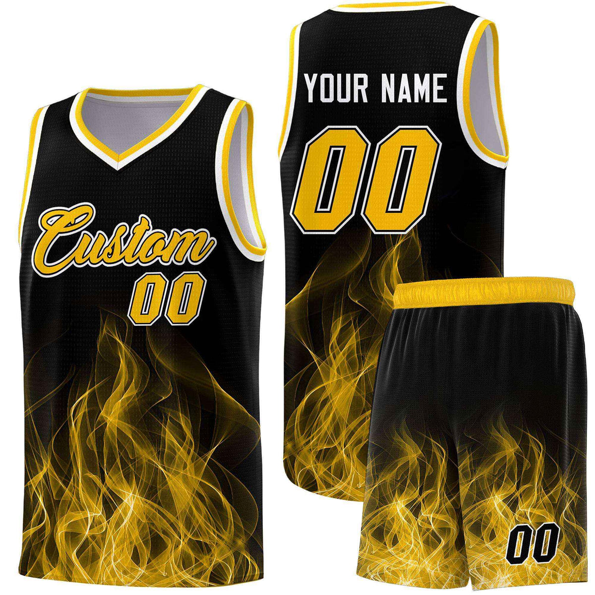 Custom Youth Basketball Jersey Black Yellow Flame Fire Design Personalized Team Uniform Set