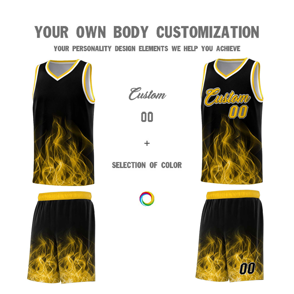Custom Youth Basketball Jersey Black Yellow Flame Fire Design Personalized Team Uniform Set