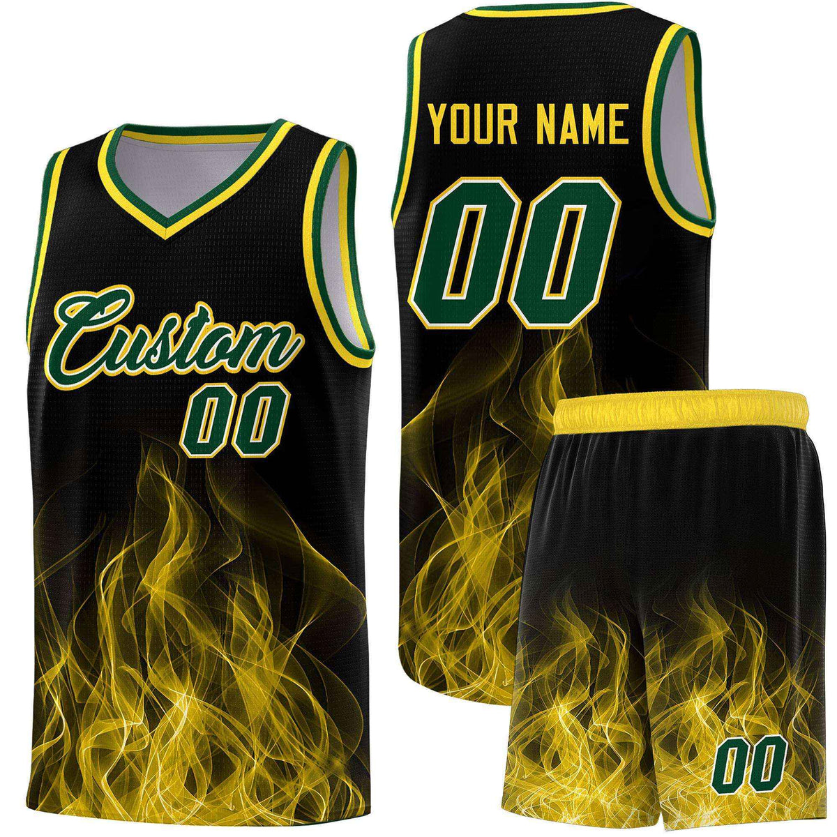 Custom Youth Basketball Jersey Black Gold Flame Design Personalized Team Uniform Set