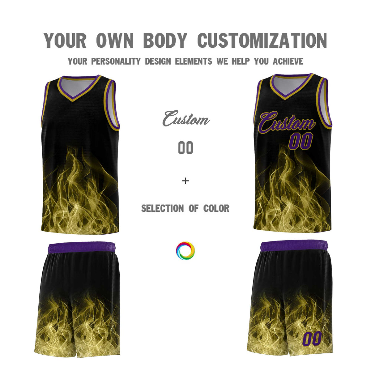 Custom Youth Basketball Jersey Black Purple Flame Design Unique Team Uniform Set