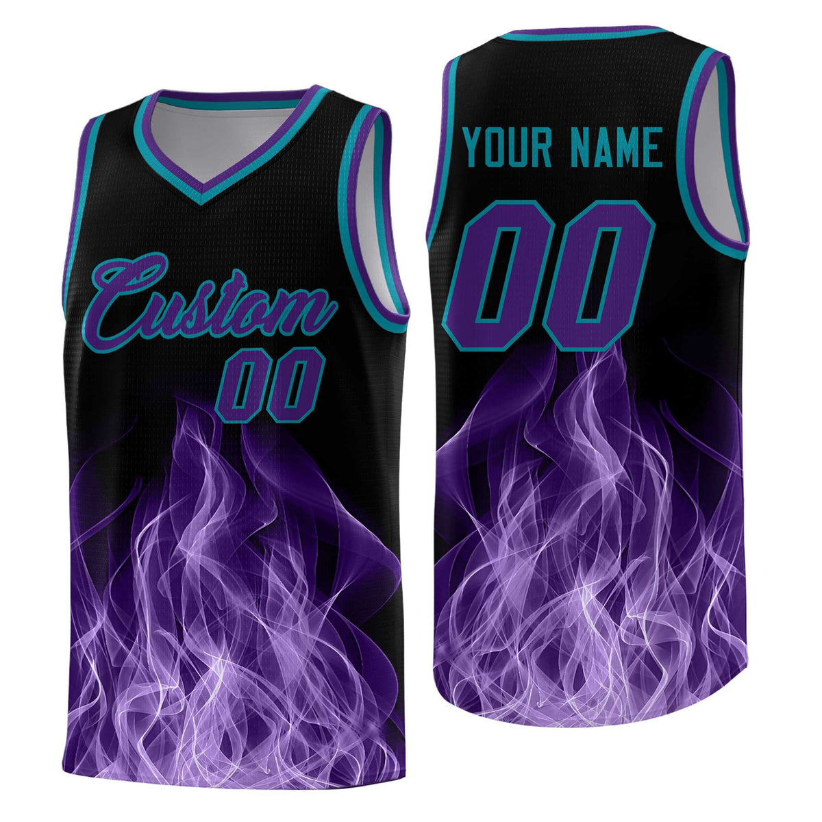 Custom Youth Basketball Jersey Black Teal Flame Design Unique Team Uniform Set